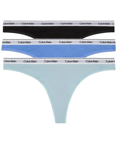 Calvin Klein Women's Modern Logo 3-pack Thong Underwear Qd5209 In Sterling Blue,black,glacier