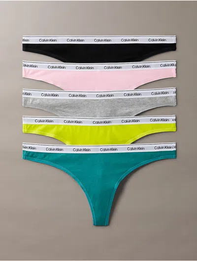 Calvin Klein Women's Modern Logo 5-pack Thong In Lively Teal / Kewl Lime / Grey Heather / Buff Pink / Black