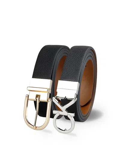 Calvin Klein Women's Monogram Logo And Round Buckle Reversible Belt Set In Black / Tan