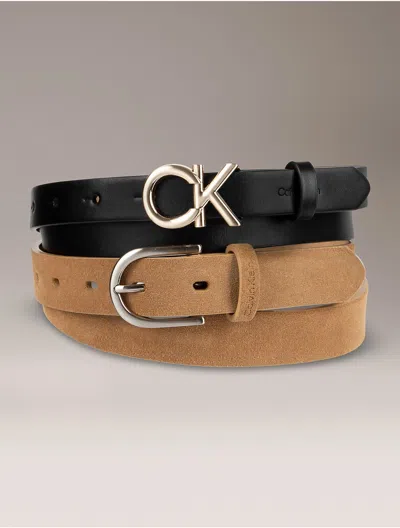 Calvin Klein Women's Monogram Logo And Round Buckle Reversible Belt Set In Multi