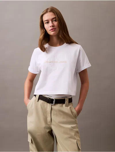 Calvin Klein Women's Monogram Logo Cropped Classic T-shirt In Brilliant White
