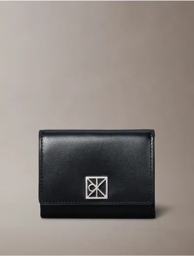 Calvin Klein Women's Monogram Logo Emblem Leather Trifold Wallet In Black