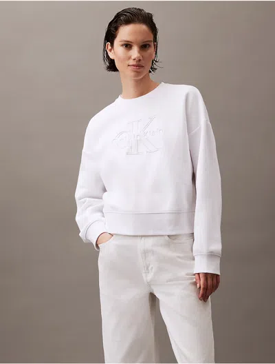 Calvin Klein Women's Monogram Logo Fleece Relaxed Crewneck Sweatshirt In White