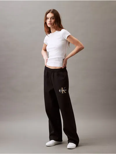 Calvin Klein Women's Monogram Logo Fleece Wide Leg Sweatpants In Black