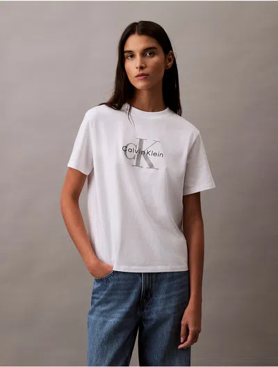 Calvin Klein Women's Embroidered Monogram Logo Tee In Brilliant White