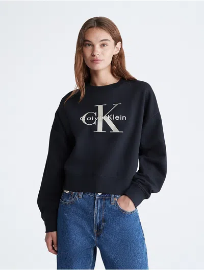 Calvin Klein Women's Monologo Fleece Relaxed Crewneck Sweatshirt In Black