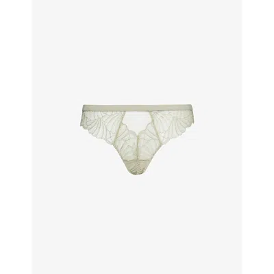 Calvin Klein Womens Moss Gray Mid-rise Sheer Lace Thong