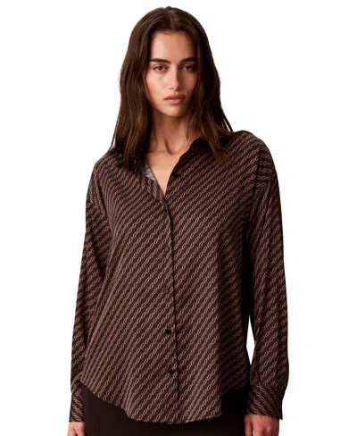 Calvin Klein Women's Petite Geometric-print Flat Satin Long-sleeve Blouse In Brown