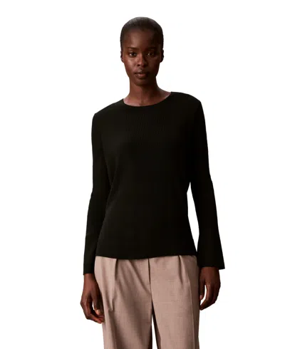 Calvin Klein Women's Petite Ribbed Sculpted-sleeve Crewneck Sweater In Black
