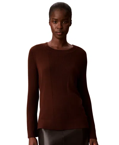 Calvin Klein Women's Petite Ribbed Sculpted-sleeve Crewneck Sweater In Brown