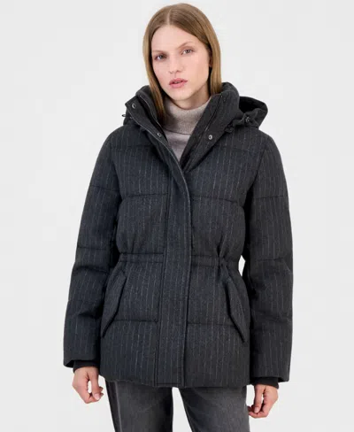Calvin Klein Women's Pinstripe Quilted Hooded Puffer Coat In Grey