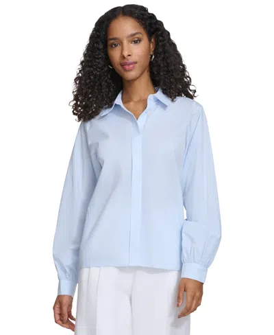 Calvin Klein Women's Pinstriped Covered-placket Long-sleeve Blouse In Wht Breeze