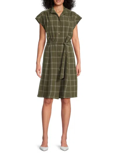 Calvin Klein Women's Plaid Belted Dress In Olive White