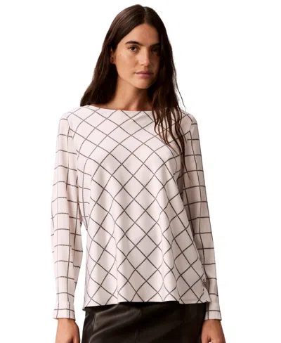 Calvin Klein Women's Plaid Long-sleeve Cowl-back Blouse In Sea Salt,black