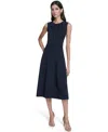 Calvin Klein Women's Pleat Detail Crewneck Midi Dress In Blue