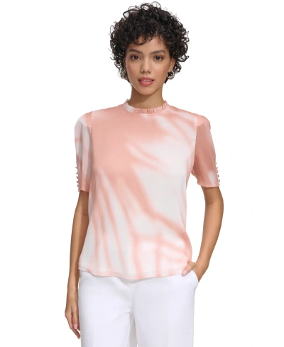 Calvin Klein Women's Pleated Collar Puff-sleeve Top In Desert Rose Multi