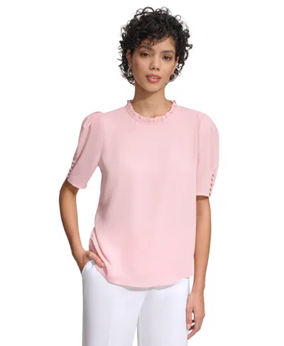 Calvin Klein Women's Pleated Collar Puff-sleeve Top In Silver Pink
