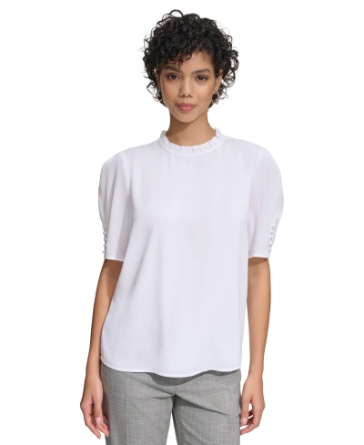 Calvin Klein Women's Pleated Collar Puff-sleeve Top In White