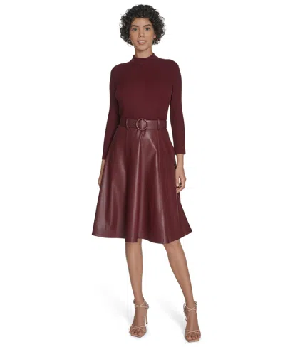 Calvin Klein Women's Pleather Combo Midi Dress In Burgundy