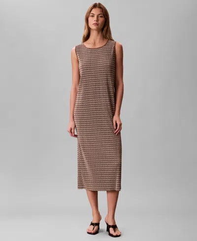 Calvin Klein Women's Plisse Print Crewneck Midi Dress In Brown