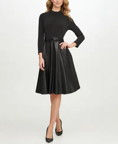 Calvin Klein Women's Ponte Pleather Combo Dress In Black