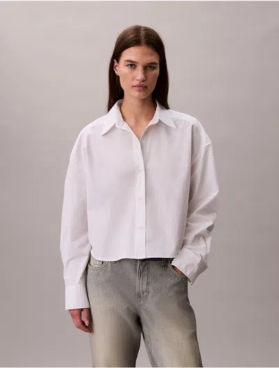Calvin Klein Women's Poplin Cropped Relaxed Button-down Shirt In White
