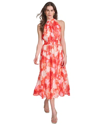 Calvin Klein Women's Printed A-line Halter Dress In Tango Mult