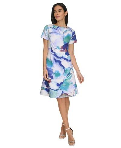 Calvin Klein Women's Printed Boat-neck A-line Scuba Dress In Opal Multi