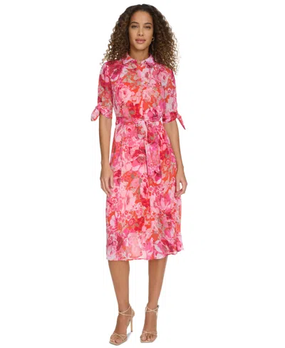 Calvin Klein Women's Printed Button-front Chiffon Dress In Ginger Multi
