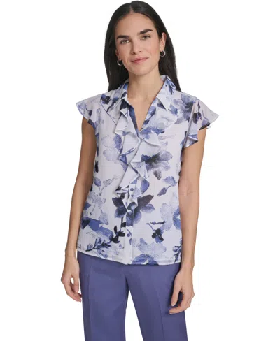 Calvin Klein Women's Printed Cap-sleeve Ruffle Front Top In Purple