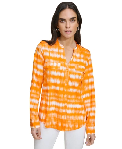 Calvin Klein Womens Printed Polyester Button-down Top In Turmeric Combo
