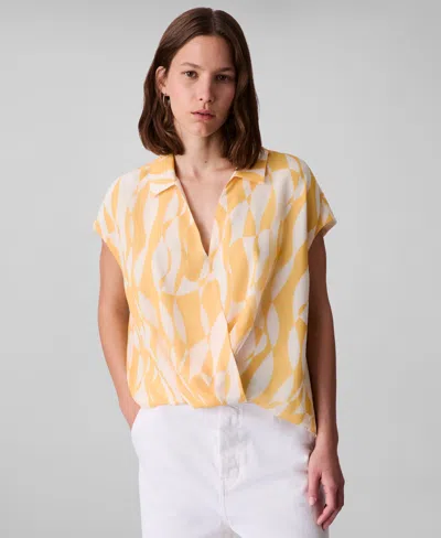Calvin Klein Women's Printed Chiffon Faux-wrap Cap-sleeve Top