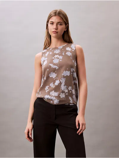 Calvin Klein Women's Printed Chiffon Sleeveless Shell Top In Brown