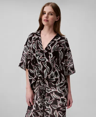 Calvin Klein Women's Printed V-neck Faux-wrap Blouse In Black