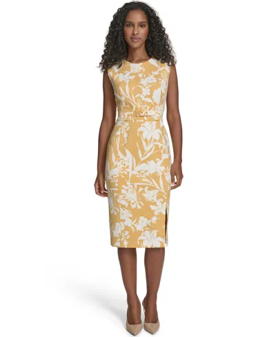 Calvin Klein Women's Printed Crewneck Belted Dress In Yellow