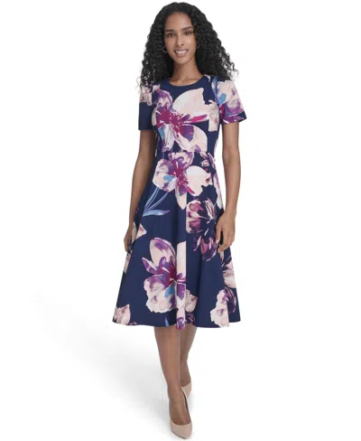 Calvin Klein Women's Printed Crewneck Midi Dress In Blue