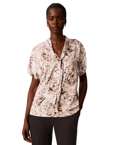 Calvin Klein Women's Printed Flat Satin Tie-neck Blouse In Sea Salt Multi