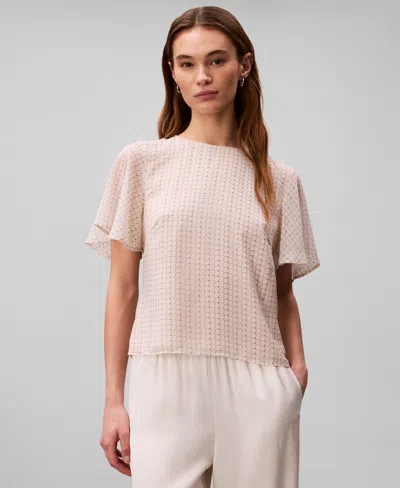 Calvin Klein Printed Chiffon Flutter Sleeve Top In Neutral
