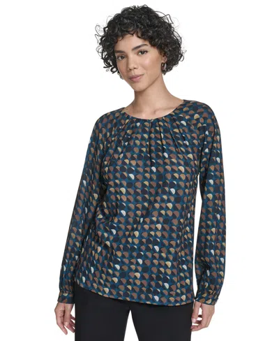 Calvin Klein Women's Printed Georgette Long-sleeve Blouse In Blue