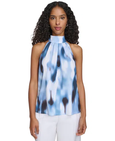 Calvin Klein Women's Printed Halter-neck Sleeveless Blouse In Navy Multi