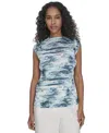 Calvin Klein Petite Printed Pleated Sleeveless Top In Blue