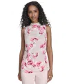 Calvin Klein Mock Neck Sleeveless Draped Top In Soft Taupe Multi