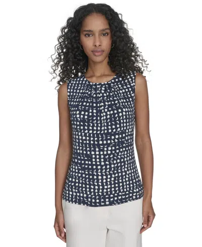 Calvin Klein Women's Printed Pleat-neck Shell In Navy,cream