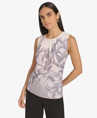 Calvin Klein Women's Printed Pleated-neck Sleeveless Top In Grey Multi