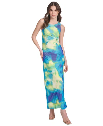 Calvin Klein Women's Printed Ruched Maxi Dress In Dz Blu Mlt
