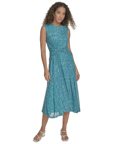 Calvin Klein Women's Printed Ruched-waist Midi Dress In Lake Multi