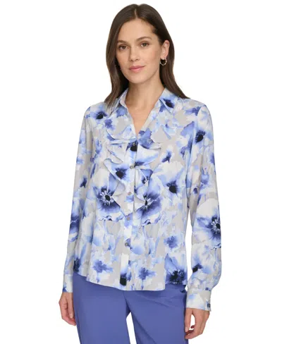 Calvin Klein Women's Printed Ruffle-collar Blouse In Spring Blue Multi