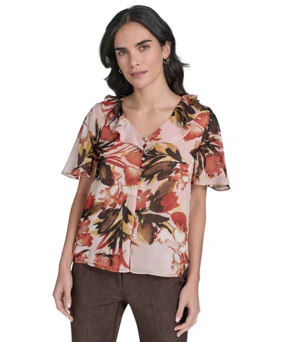 Calvin Klein Women's Printed Ruffle-neck Button-front Blouse In Multi