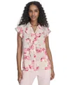 Calvin Klein Petite Printed Ruffle-front Blouse In Soft Taupe Multi