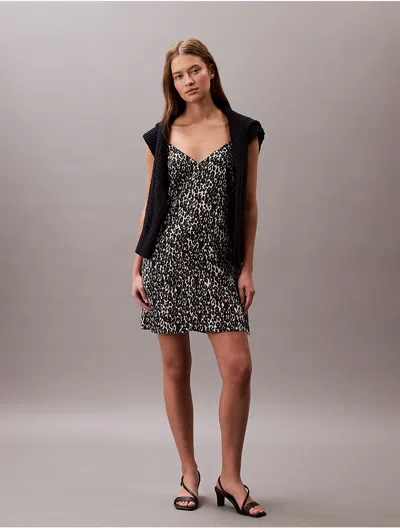 Calvin Klein Women's Printed Satin Mini Slip Dress In Black